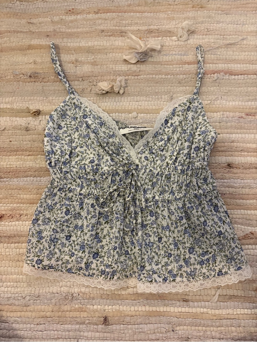 No Boundaries Cream and Blue Floral Lace-Trim Cami